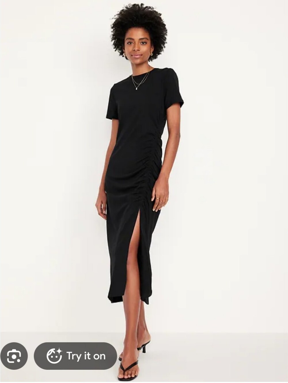 Old Navy Black Ruched Midi Dress with Side Slit